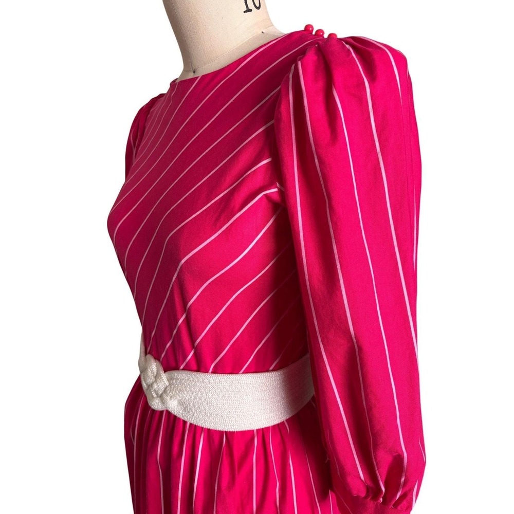 Hot Pink LGWU Midi Dress Womens Classic Union Made Pinstripe Puff Sleeve 80s USA - Picture 4 of 8